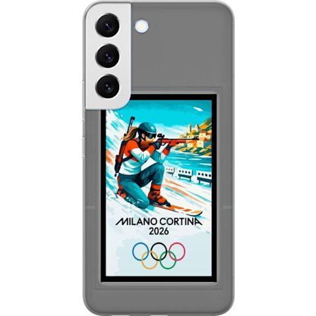 Kompatibelt Mobildeksel til Samsung Galaxy S22+ 5G Retroplakat Cortina Milano 2026 med fjell, vintersportsutøvere, italienske trikolor, Milano-katedra