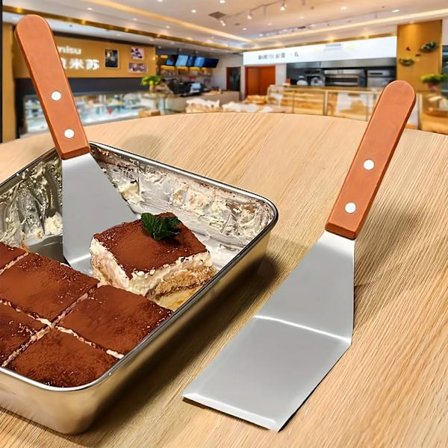 Rustfri stålspade med skråkant og hardtrehåndtak, stor stekespade for støpejernspanner, bakebrett og grill
