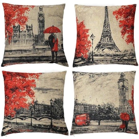 2025 Lämpliga Prydnadskuddar Överdrag 45 x 45 cm Svart & Röd Färg Eiffeltornet & Big Ben Kuddfodral Dekorativ
