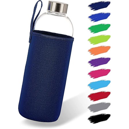 Glasflaske 1l med Neoprenhylster | Drikkflaske af Glas i 500ml & 1000ml med Beskyttelseshylster og Rustfrit Stål Låg | Vandflaske til Sport, Arbejde, 