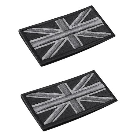 2x Mote Union Jack Britisk Flagg Badge Patch med Lim på Bakside 10cm X 5cm Ny, (svart/grå)