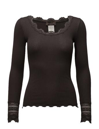 Silk T-Shirt W/ Lace T-shirts & Tops Long-sleeved Svart Rosemunde