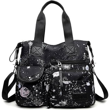 Tote taske til kvinder, stor kapacitet top håndtasker med multi lommer og lynlås, lette dame skuldertasker, nylon crossbody (sort stjernehimmel)