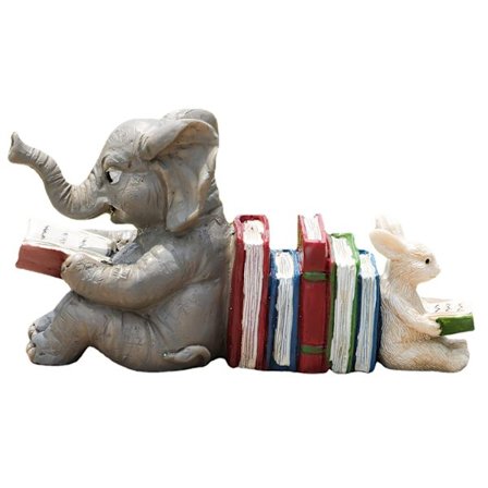Elefant & Kanin Godnathistorie Bogstøtte Skulptur Statue Figur – Finurlige Dyreornamenter i Resin til Børneværelse, Bibliotekshyldeindretning, 