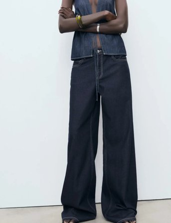 Mango Low Waist Wide Leg Jeans - Navy - 40