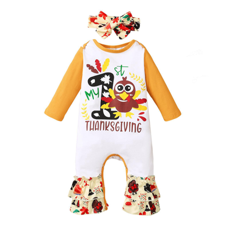 Tjejer Turkiet Printed Body Med Rosett Thanksgiving Romper