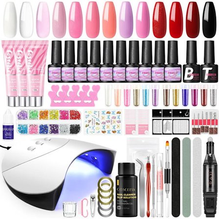 Nail Set Gel Nails Starter Set with U V/LED Light 10 Colors Gel Nails Set 3 Colors Poly Nail Extension Gel with