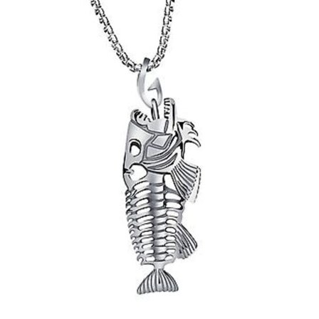 Statement Halsband med Fisk & Fiskekrok Skelett Hängsmycke i Rostfritt Stål Surferkedja