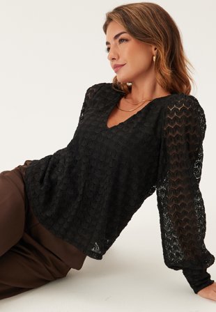 VERO MODA - Vmbecca Ls V-neck Lace Top - Black - Kläder - - Bubbleroom