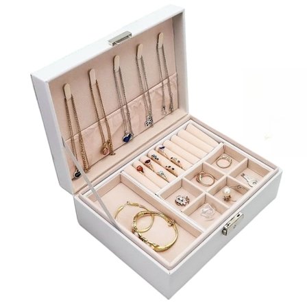 Bärbart dubbellagers smyckeskrin med lås, vit