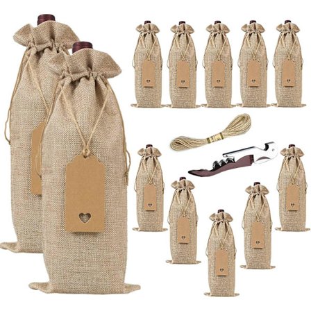 Jutepose for vin med snøring, 12 drikkekorker med etikett og snor, gjenbrukbar vinpose for festgaver (original)