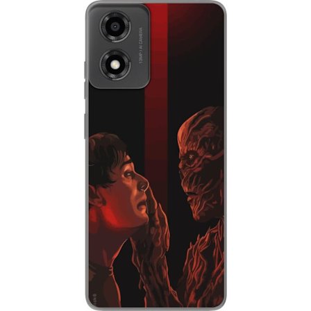 Kompatibel Mobilcover til Motorola Moto E14 Mørk fantasyillustration, der viser mødet mellem menneske og monster med stærkt drama og psykologisk in