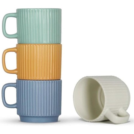Staplingsbara Kaffemuggar Set om 4, 24 cl Espresso Keramiska Koppar för Latte Cappuccino Kakao med Handtag, Färgrik