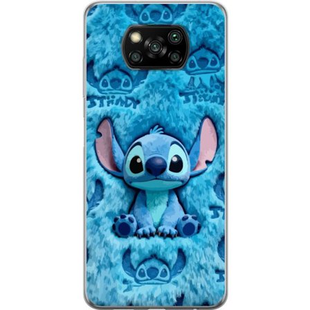 Xiaomi Poco X3 NFC Gennemsigtig cover Stitch sidder på fluffy blåt mønster med sit ansigt og ører gentaget som tekstur, hvilket skaber et sødt og