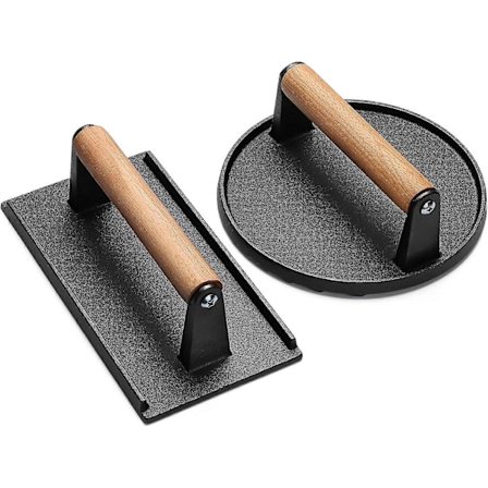 Burgerpresse i støpejern, rektangulær kraftig kjøttpresse med trehåndtak