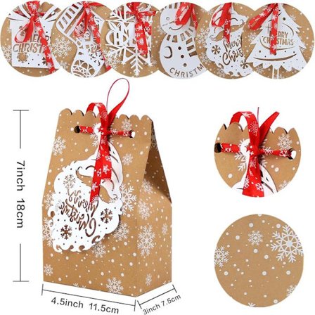 24 st julklappspåsar sortiment kraftpapper presentpåsar med julklappsetiketter för julfesttillbehör (6 stilar)