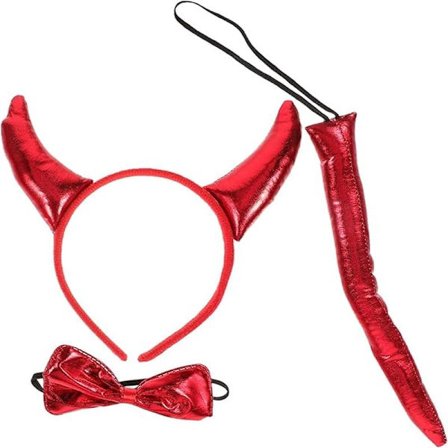 Sett Djevelkostyme Pannebånd Horn Hårbånd Horn Slips Krage Hale Djevelkostyme Tilbehør Plast Rød