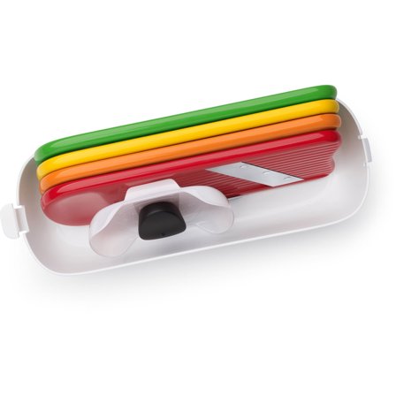 Oxo Mandoliinisarja, jossa kierreleikkuri ja raastinrauta