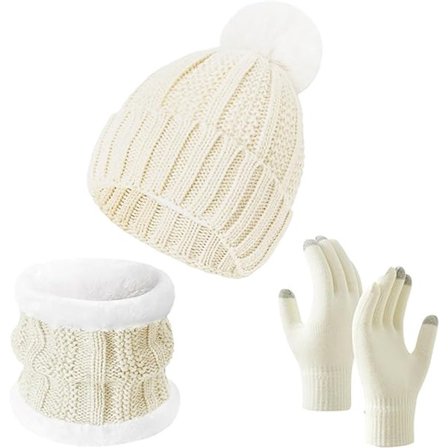 Hansker, lue og skjerf - tredelt sett - vinterstrikk - foret med fleece og fortykket - varm og kuldebestandig - hvit