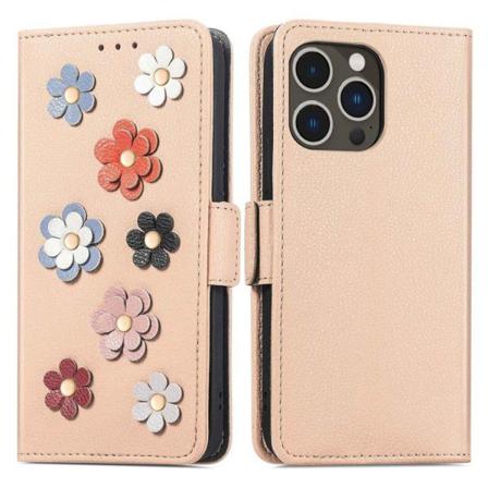Iphone 14 Pro Plånboksfodral Flower Decor Magnetic - Khaki