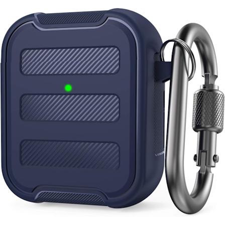 Rugged AirPods fodralomslag Stöttålig Hårdskal TPU med AirPods 2 & 1 [Front LED synlig] Stöd trådlös laddning med karbinhake (Midnattsblå)