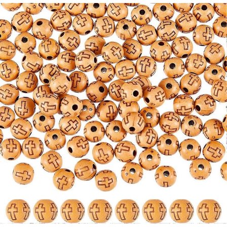 600 stk. Runde Perler med Kors, Imitert Tre, Akrylperler 8mm Runde Smykkeperler Små Sandbrune Religiøse Avstandsperler for DIY Smykkelaging