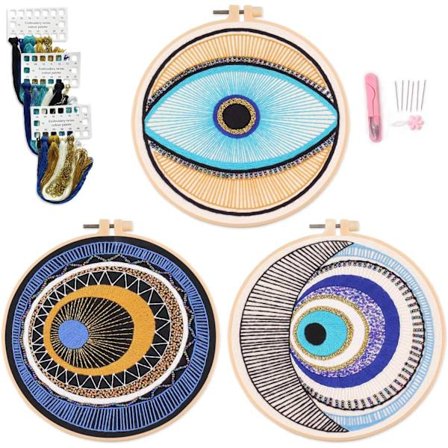 3 Onde øye broderikit, perlebroderiset for voksne, inkluderer 3 sett med broderikluter, tråd, nåler og bøyler, etc...