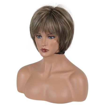 Kort gyllene gradient peruk med mörkbruna lugg blandad med blond, pixie cut syntetisk fiber dam peruk