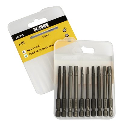 Ironside 201743 Bitssæt 10 dele, torx/hex 75 mm, Maskintilbehør & forbrugsvarer