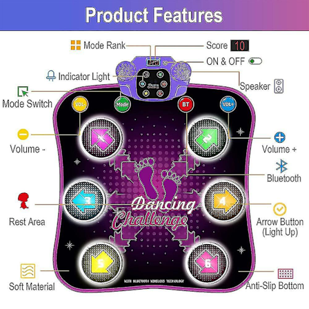 Dansemåtte til børn 3-10 år med Bluetooth, Musikdansemåtte med 6 oplyste pile, Elektronisk danseunderlag