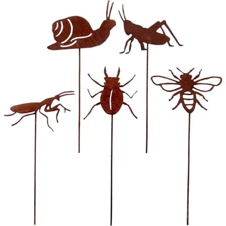 Sæt med 5 anti-insekt havestik til havedekoration, rust udseende, rustne metalstik, havedekoration, terrasse, balkon, blomsterkrukke