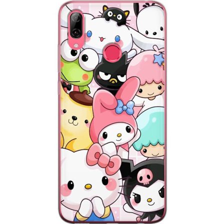 Kompatibelt Mobildeksel til Huawei Y7 (2019) Tett mønster av søte figurer med store øyne i ulike farger og uttrykk med LABUBU-tekst