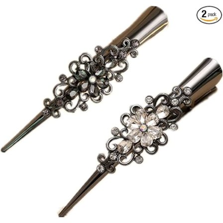 2 metall krokodil hårklämmor (svart och vit) halkfria duckbil