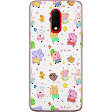 Kompatibelt Mobildeksel til OnePlus 7 Fargerike tegneserie dyrekarakterer i en leken stil med stjerner og prikker på en lys bakgrunn