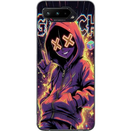 Kompatibelt Mobilskal till Asus Asus ROG Phone 5 Cyberpunk-inspirerad hoodie-karaktär med neon, glitch-effekter och mask, futuristisk digital konst f