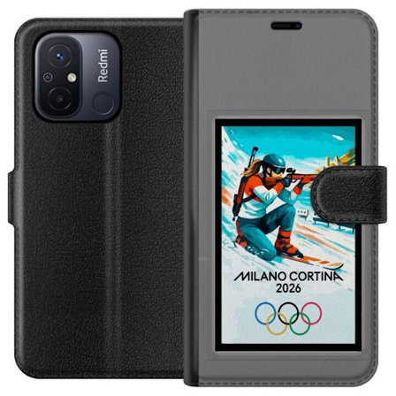 Yhteensopiva Lompakkokotelo Xiaomi Redmi 12C Retrojuliste Cortina Milano 2026 vuorilla, talviurheilijoilla, italiankoloreilla, Milanon tuomiokirkolla