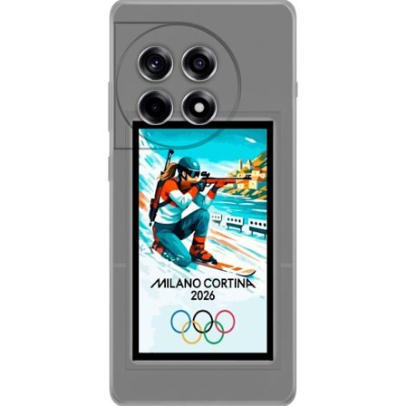 Yhteensopiva Puhelinkuori OnePlus 12R Retrojuliste Cortina Milano 2026 vuorilla, talviurheilijoilla, italiankoloreilla, Milanon tuomiokirkolla ja olym