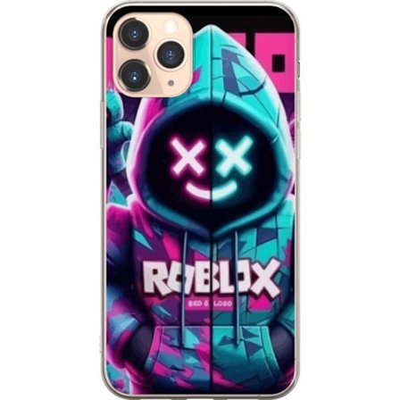 Kompatibelt Mobildeksel til Apple iPhone 11 Pro Roblox neon hettegenserfigur med en maskert karakter i blå og rosa neonfarger, og gir en tydelig cyber