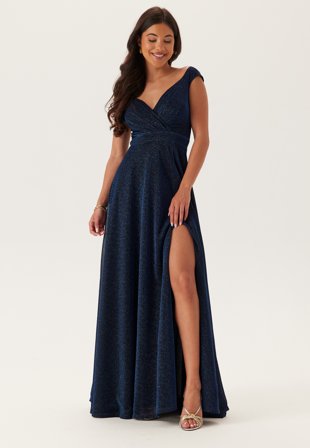 Goddiva - Glitter Wrap Maxi Dress - Navy - Kläder - - Bubbleroom Omlottklänning