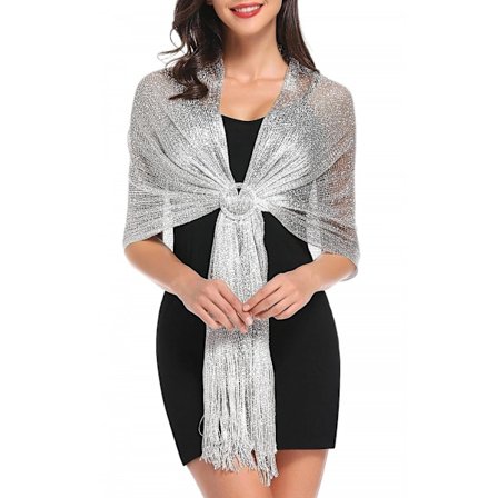 (Sølv) Paljettsjal Skjerf for Kvinner Glitrende Metallisk Håndkle med Skjerf Spenne Elegant Myk Wrap Stoff med Dusker Egnet for Bryllup, Brudepike, 