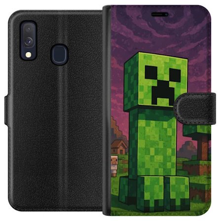 Yhteensopiva Lompakkokotelo Samsung Galaxy A40 Blockig grön figur i pixlad fantasivärld med träd hus och djur i retro spelmiljö