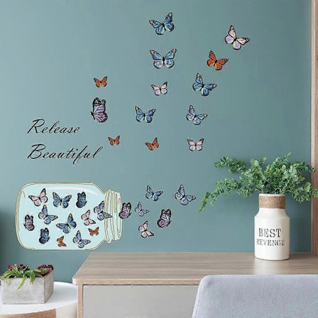 Et sett med sommerfugler som flyr fra flaske veggklistremerker