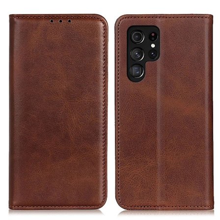 Wallet-style Genuine Leather Flipcase For Samsung Galaxy S22 Ultra - Kahvi