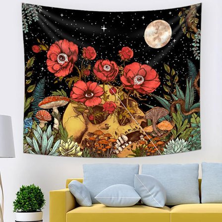 Dödskalle Blommor Gobeläng, Trippy Svampskelett Goth Trädgård Estetisk