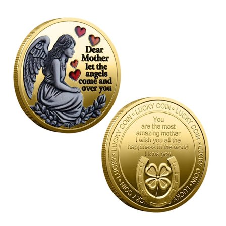 Kære Mor Engel Mindesmønt – Guldbelagt Jernmønt med Bønnebesked, Firkløver og Hestesko Design, Sentimentel Lykkemønt f