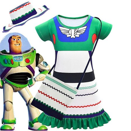4-10 år flickor Buzz Lightyear Cosplay Kostymklänning + Hatt + Väska