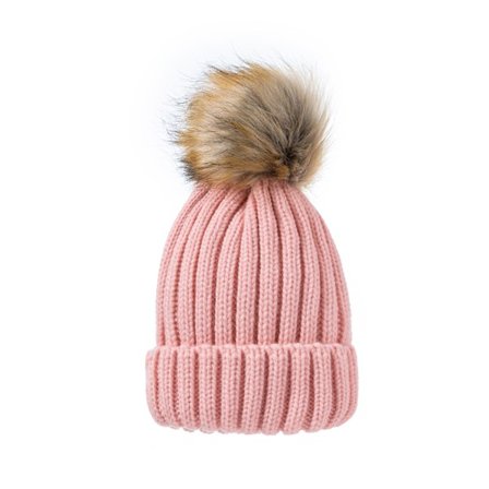 Pink Winter Beanie Hat, Warm Knit Hat with Pom Pom