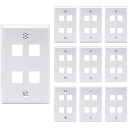 4-porters Keystone veggplate (10-pakning), enkle veggplater for Keystone RJ45-kontakt og modulære innlegg, hvit