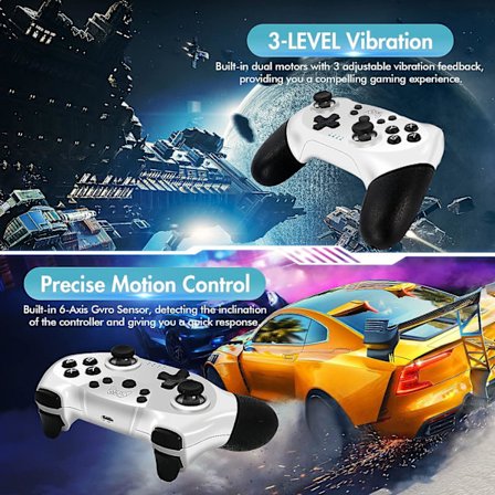 Switch Controller, Trådløs Pro Controller til Switch/Switch Lite/Switch OLED med Wake-up, Turbo og Gyro-akse (Hvid+Sort)