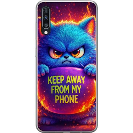 Kompatibel Mobilcover til Samsung Samsung Galaxy A70 Vred luvat blå kat med teksten "Hold dig væk fra min telefon" i neonfarver og ildlignende effek